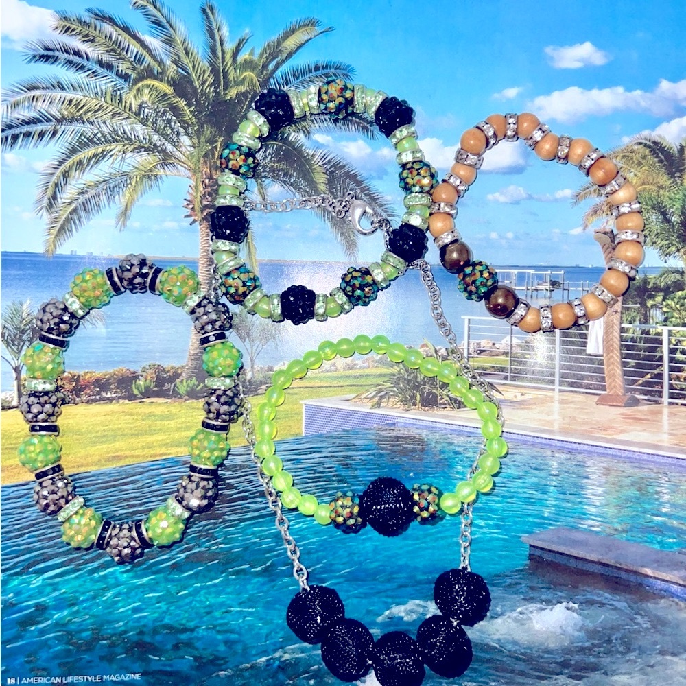 $20 sale for 5 Set of Beaded sparkling bracelets and choker, in lime Green&Black